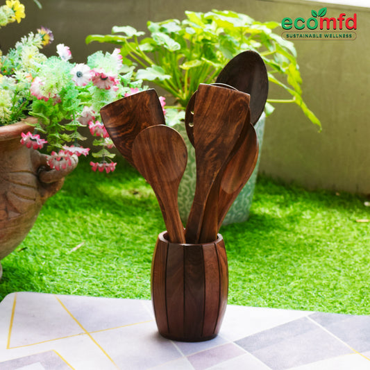 Wooden Cooking Spoons - Set of 6 with barrel