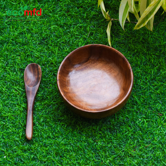 Wooden Flatten Bowl With Wooden Spoon
