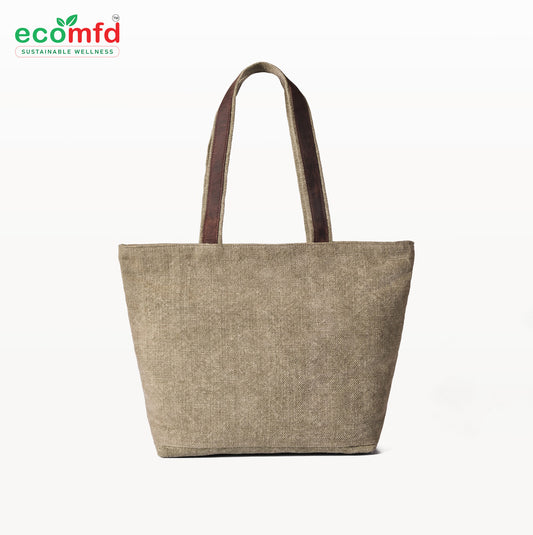 Brown Jute Tote Bag with Suede Pocket – Eco-Friendly Shoulder Bag