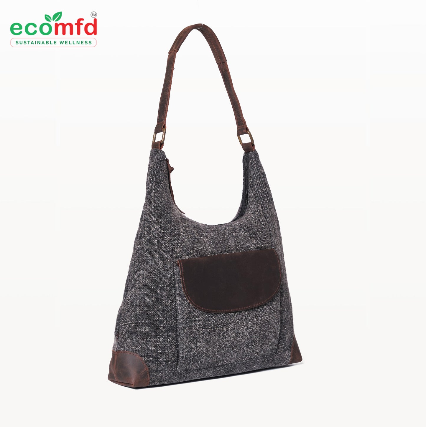 Grey Tweed Shoulder Bag for Women - Fashion Tote with Leather Touch