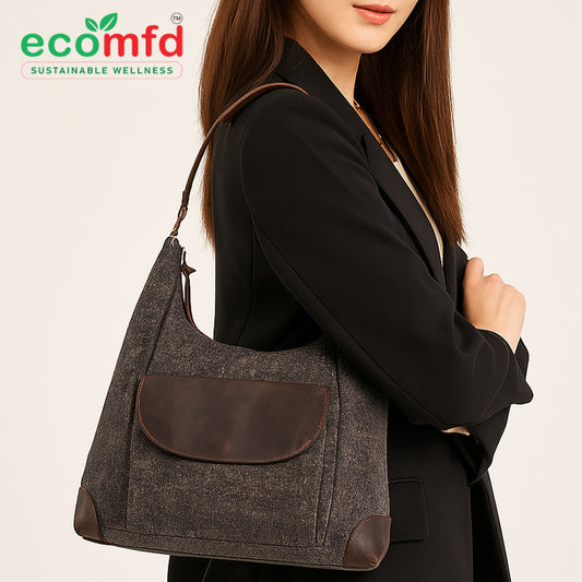 Grey Tweed Shoulder Bag for Women - Fashion Tote with Leather Touch