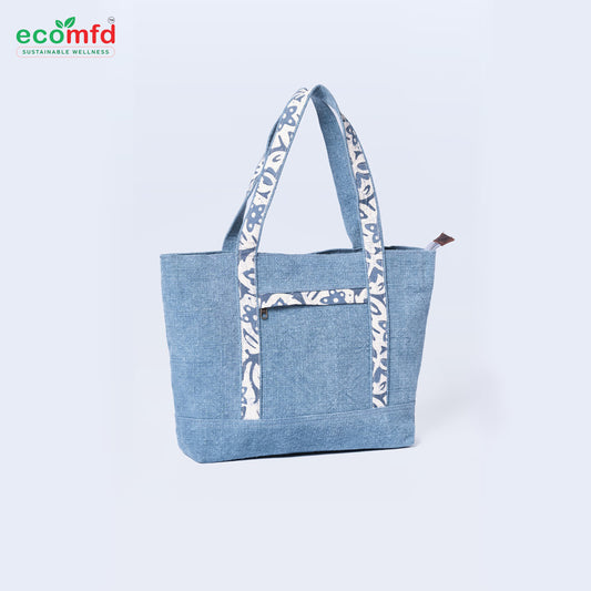 Stylish Blue Jute Tote Bag with Printed Handles Sustainable Fashion Shoulder Bag