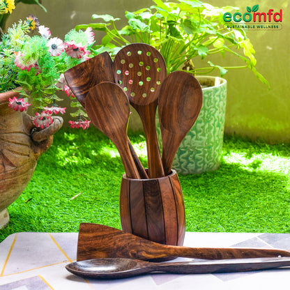 Wooden Cooking Spoons - Set of 6 with barrel