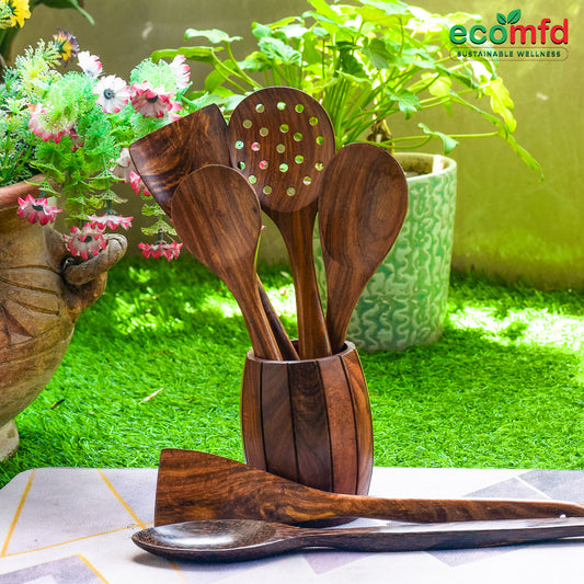 Wooden Cooking Spoons - Set of 6 with barrel