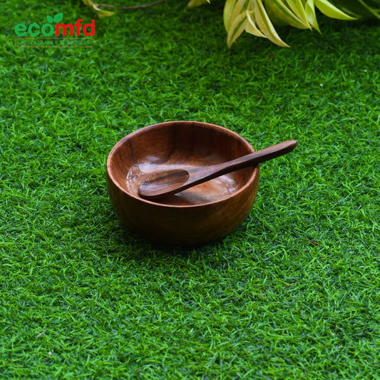 Wooden Flatten Bowl With Wooden Spoon
