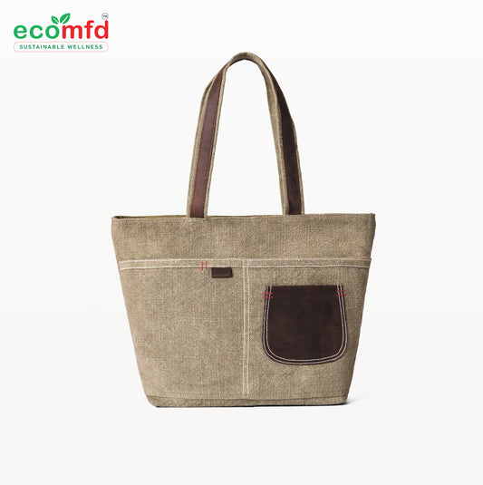 Brown Jute Tote Bag with Suede Pocket – Eco-Friendly Shoulder Bag