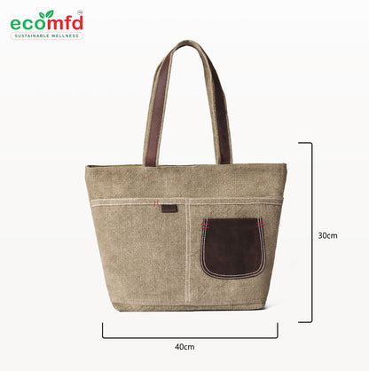 Brown Jute Tote Bag with Suede Pocket – Eco-Friendly Shoulder Bag