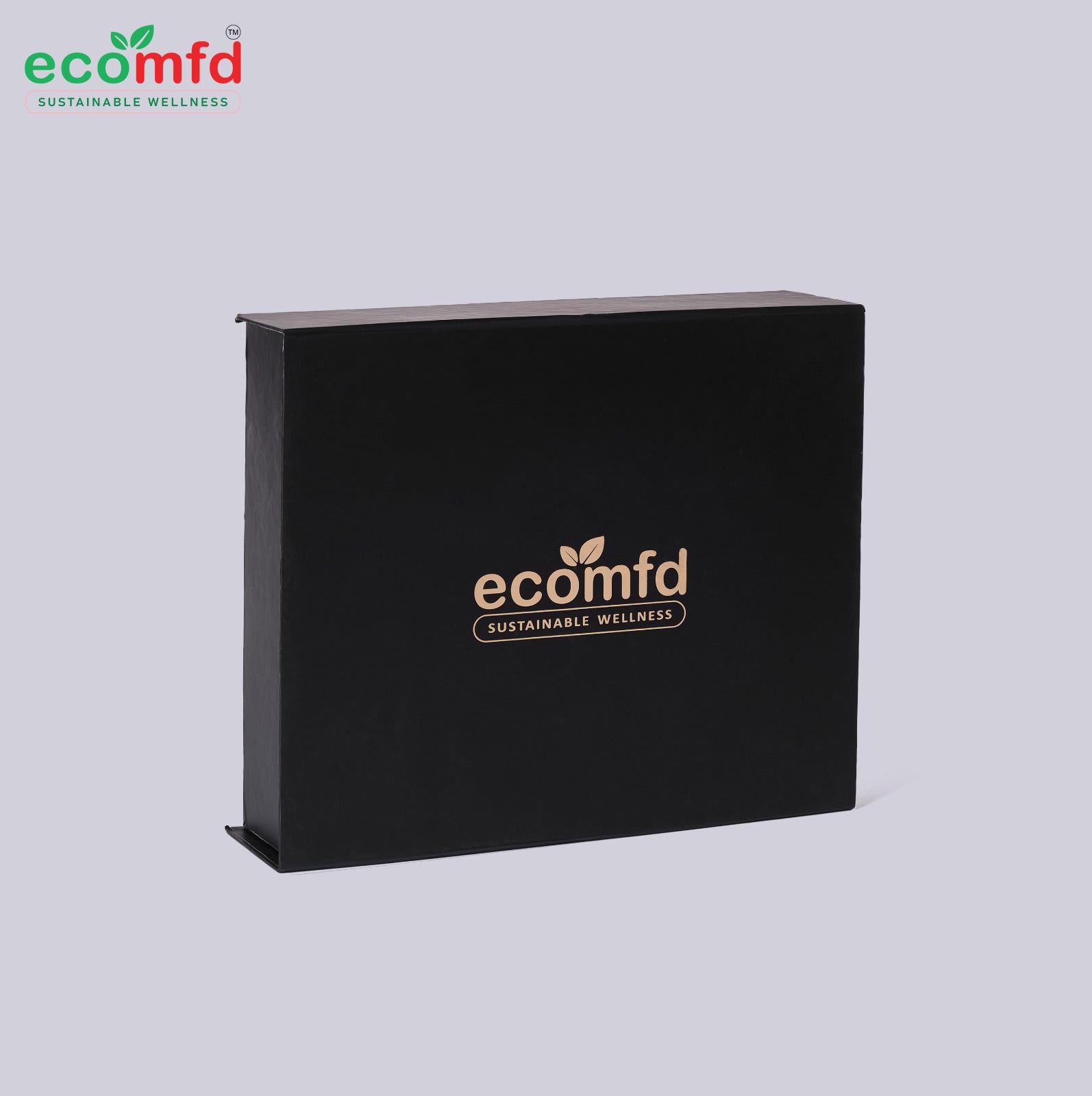 Black box with 'ecomfd' logo on a light gray background