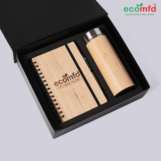 Eco-friendly notebook and bamboo tumbler set with ecomfd branding in a black box.