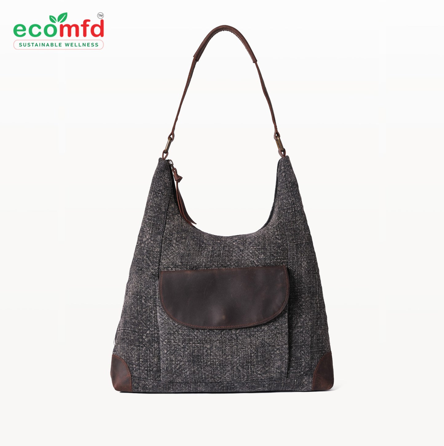 Grey Tweed Shoulder Bag for Women - Fashion Tote with Leather Touch