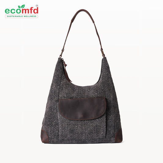 Grey Tweed Shoulder Bag for Women - Fashion Tote with Leather Touch