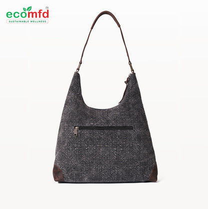 Grey Tweed Shoulder Bag for Women - Fashion Tote with Leather Touch