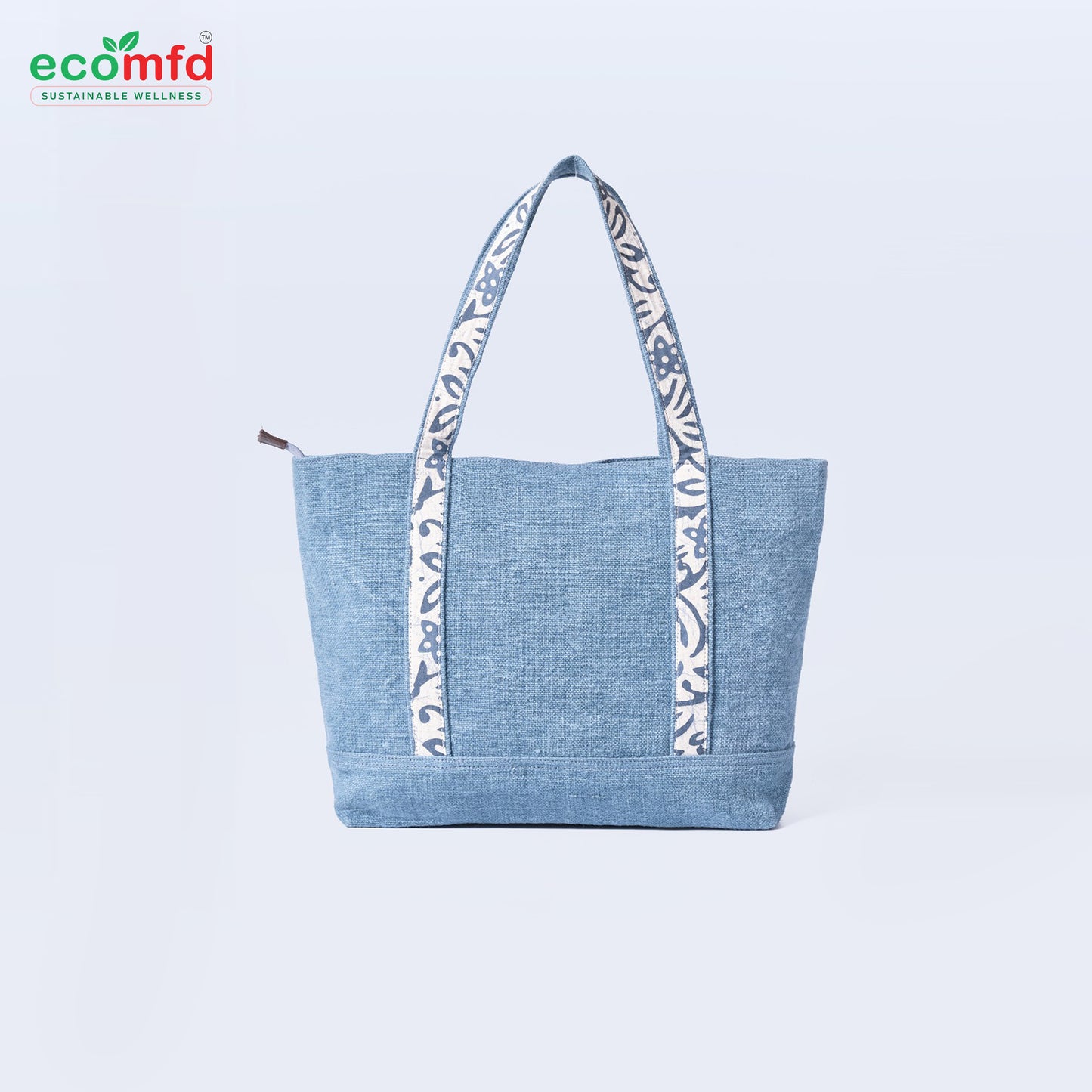Stylish Blue Jute Tote Bag with Printed Handles Sustainable Fashion Shoulder Bag