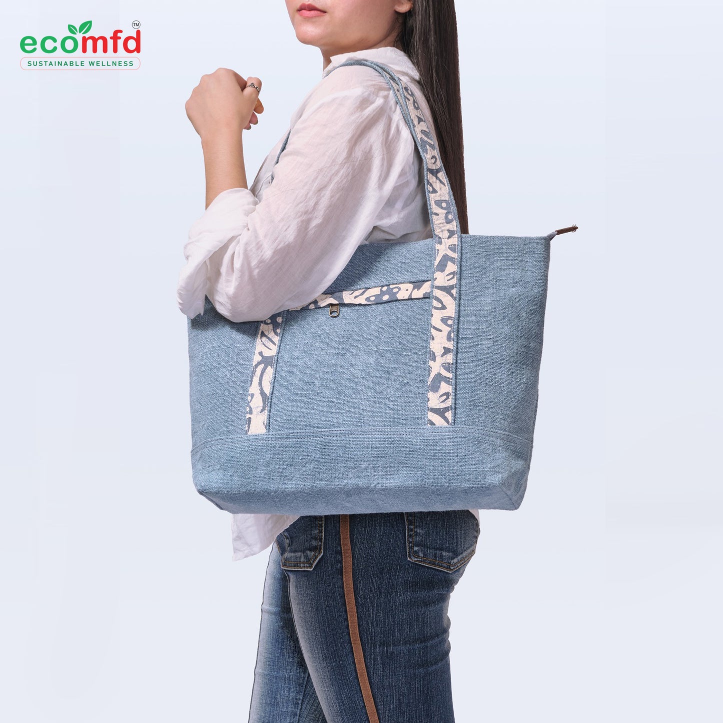 Stylish Blue Jute Tote Bag with Printed Handles Sustainable Fashion Shoulder Bag
