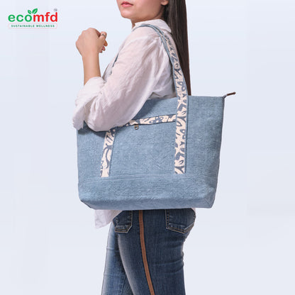 Stylish Blue Jute Tote Bag with Printed Handles Sustainable Fashion Shoulder Bag