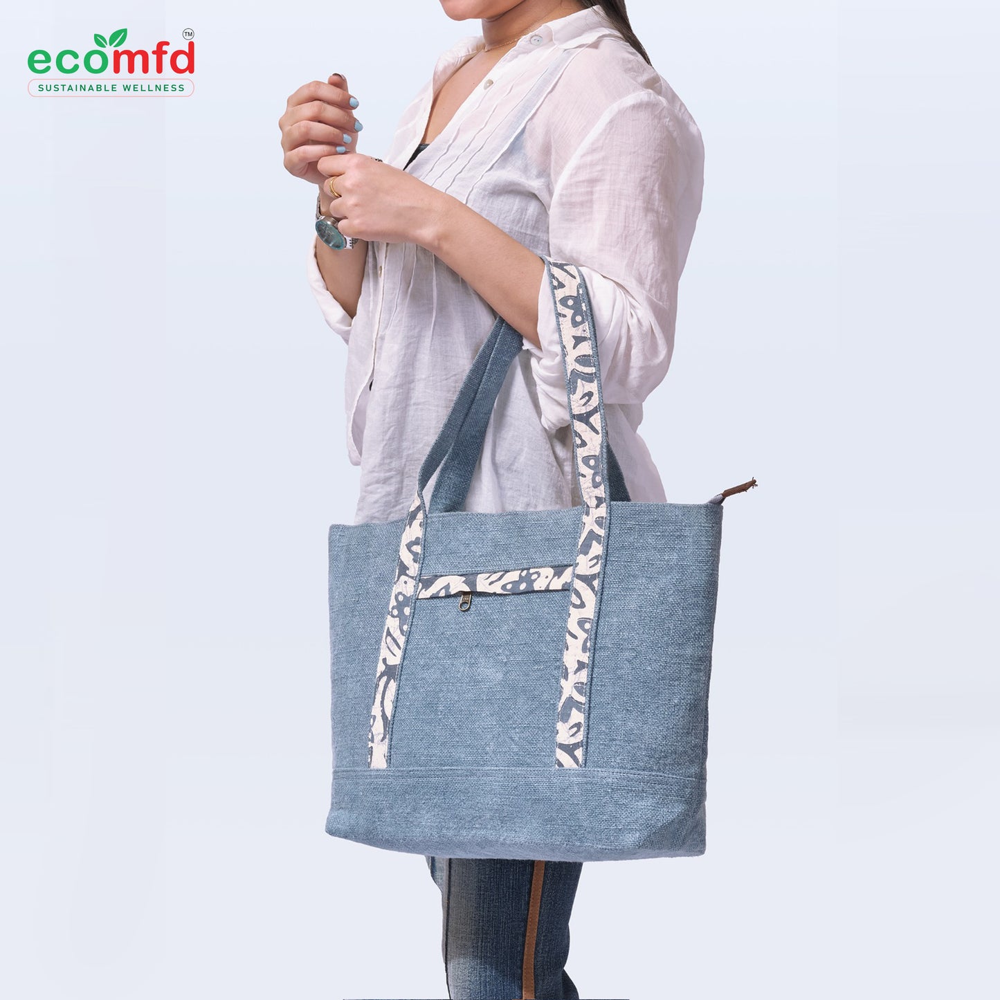 Stylish Blue Jute Tote Bag with Printed Handles Sustainable Fashion Shoulder Bag