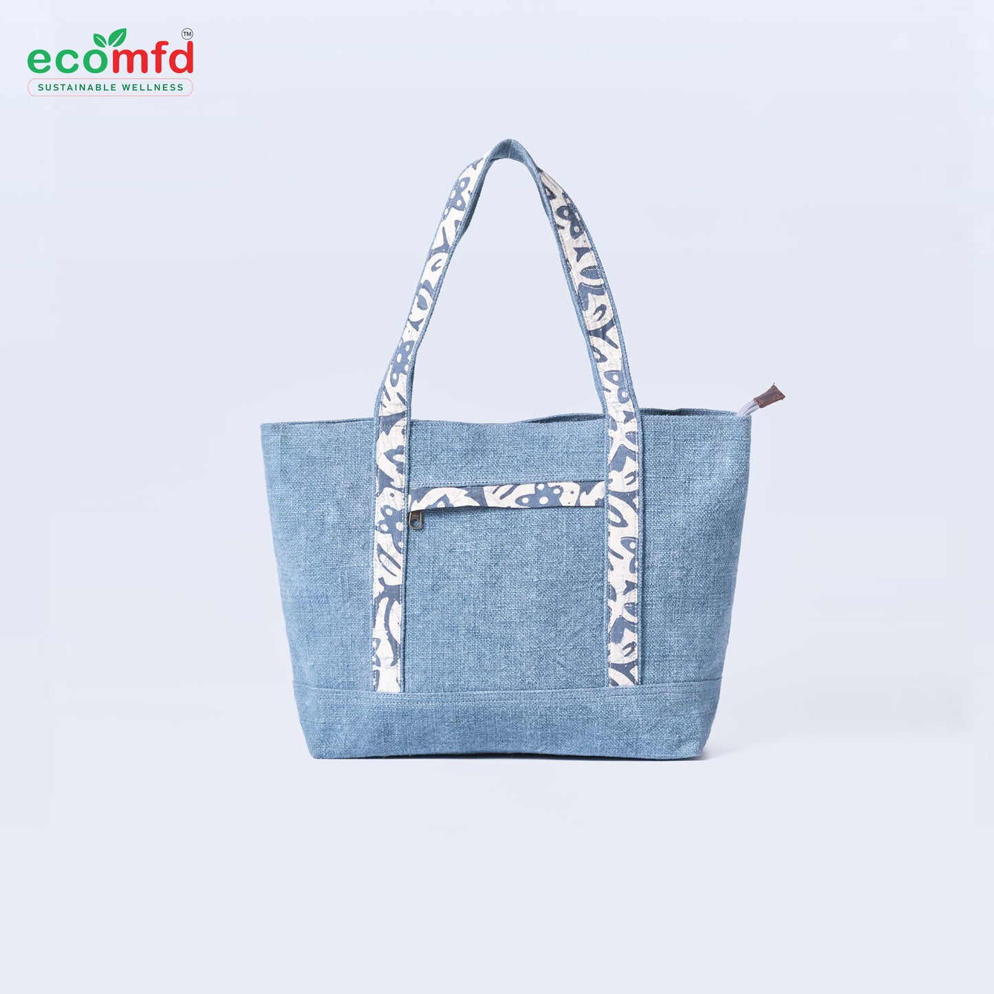 Stylish Blue Jute Tote Bag with Printed Handles Sustainable Fashion Shoulder Bag