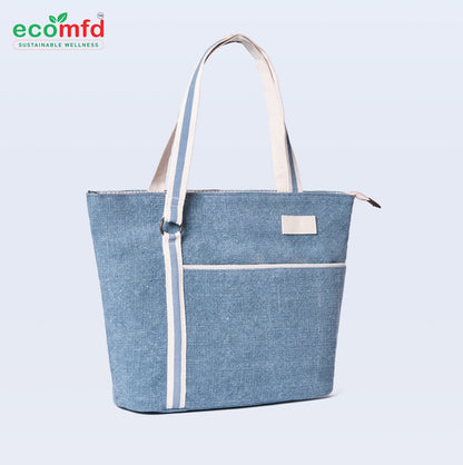 Stylish Blue Jute Tote Bag with White Straps – Eco-Friendly & Spacious