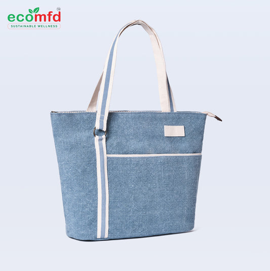 Stylish Blue Jute Tote Bag with White Straps – Eco-Friendly & Spacious