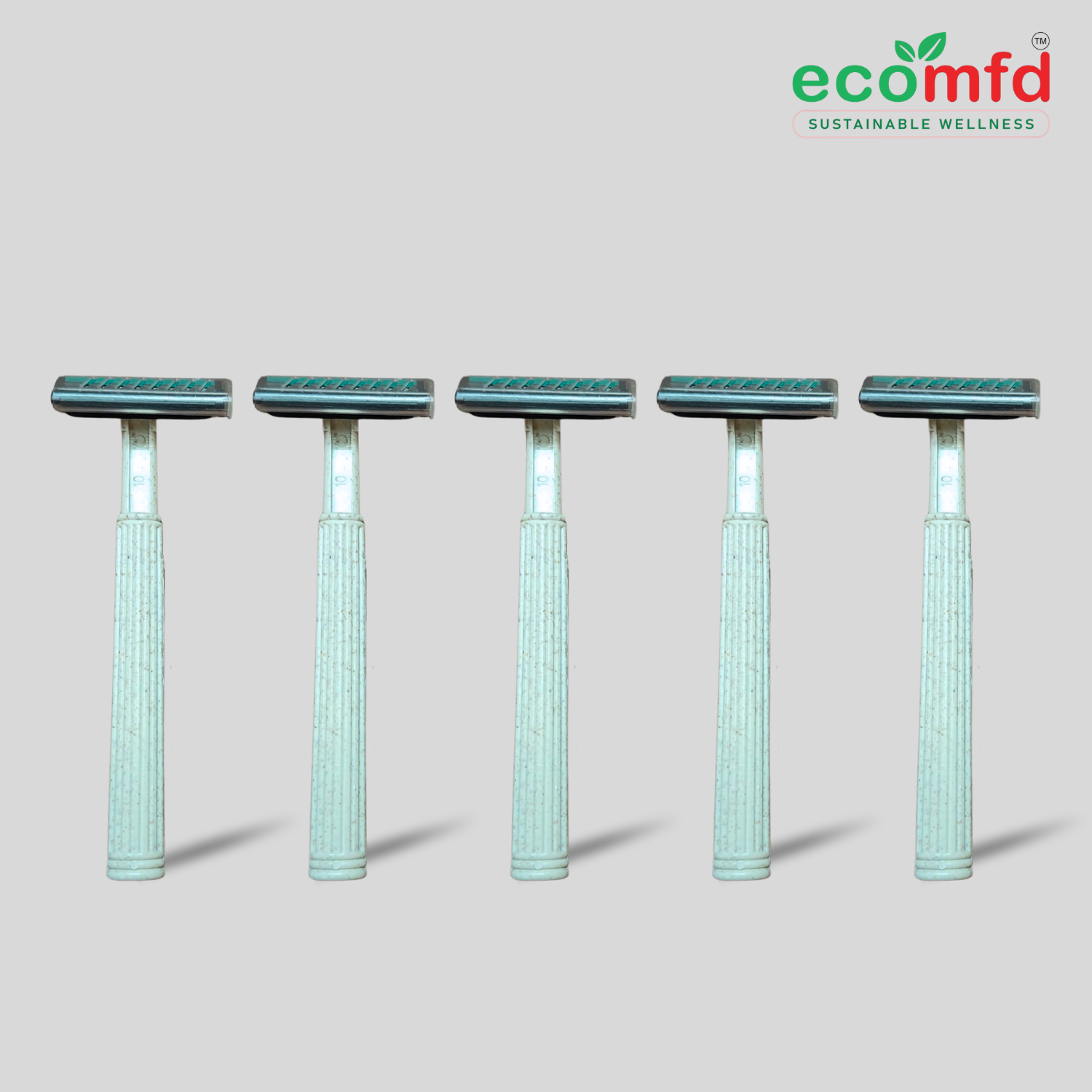 Five green razors lined up on a light gray background with 'ecomfd' branding.