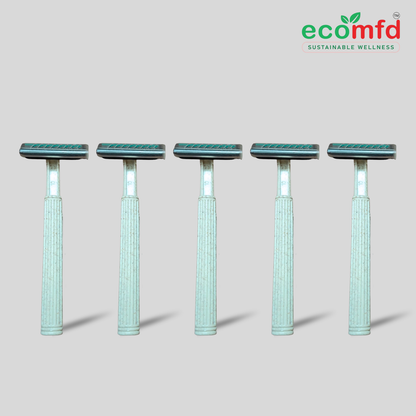 Five green razors lined up on a light gray background with 'ecomfd' branding.